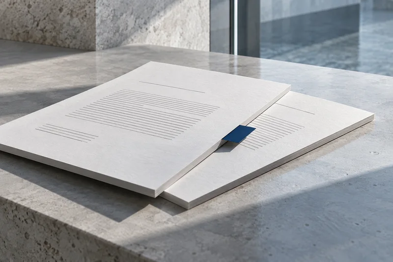 Dos carpetas de contratos superpuestas con una pestaña azul sobre una mesa de arquitectura.